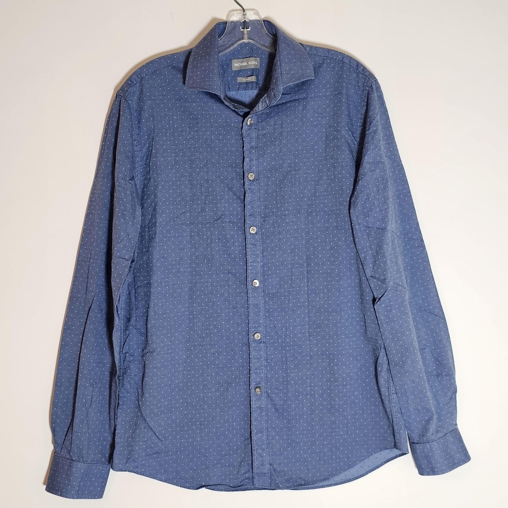 Michael Kors Shirt Mens Medium Blue Slim Fit Button Down Cotton Long Sleeve Dots